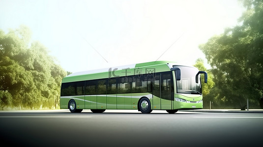 3D 渲染的小城市巴士，绿树成荫