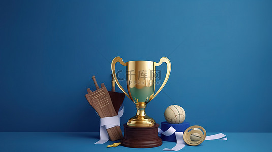 板球装备装饰着蓝色背景上空白丝带的 3D 金色奖杯