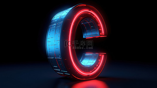 蓝色字母背景 3d 渲染中的照明霓虹灯红色大写字母 c