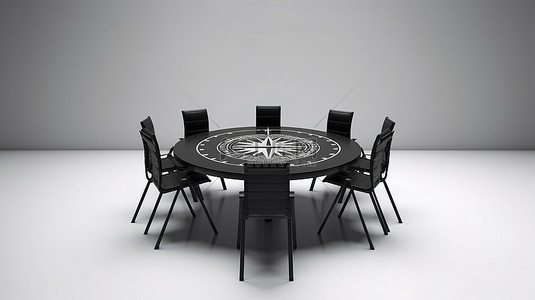 白色背景 3d 渲染上带指南针和空椅子的圆桌
