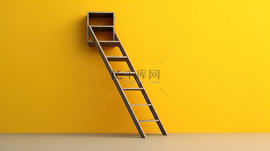 在工作室背景下爬上黄墙的梯子的 3D 渲染，象征着进步和成长
