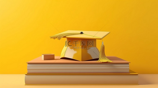 学生毕业设计背景图片_黄色背景毕业证书和帽子的 3D 插图，带有文本空间