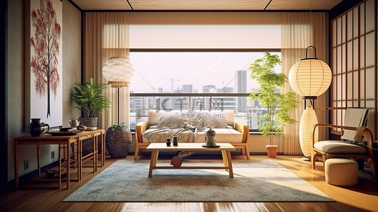 日本风格客厅内部的 3D 渲染