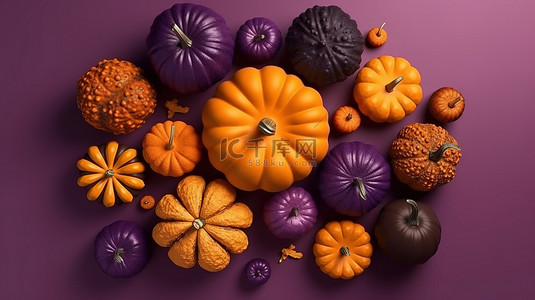 金色背景背景图片_在充满活力的紫色背景下，以 3d 形式呈现不同色调的橙色南瓜