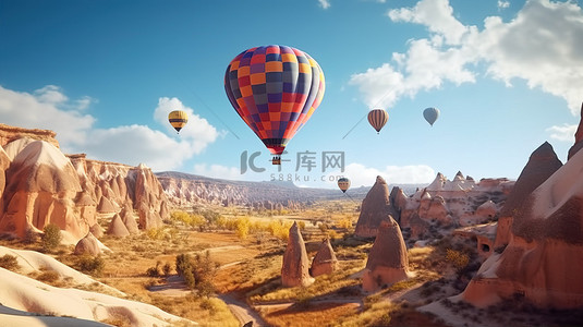 巨型气球翱翔在卡帕多西亚雄伟的山脉上空，迷人的早晨远景 3D 渲染插图