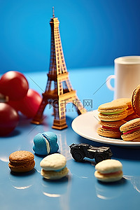 摩托车背景图片_法国面包和饼干，背景是埃菲尔铁塔
