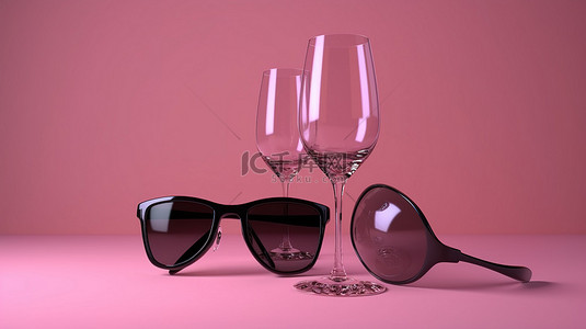 悬浮小眼镜与霓虹灯眼镜在粉红色隔离背景的 3D 插图中用于香槟威士忌干邑白兰地和马提尼