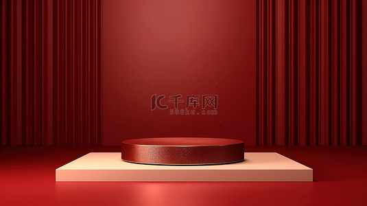 深红色抽象几何摄影背景上的简约奢华 3D 产品展示台