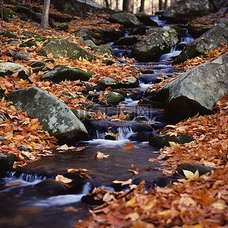 秋天背景图片_秋天岩石覆盖的山坡上的一条小溪
