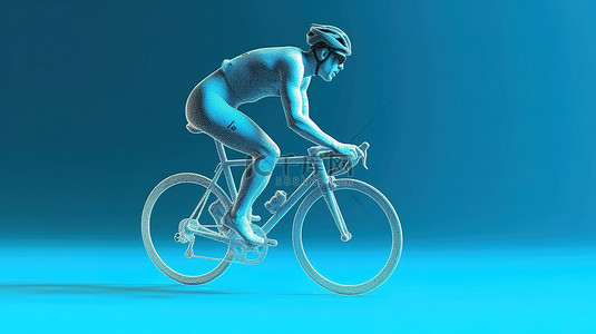 蓝色背景 3D 渲染上运动的骑自行车者的白色轮廓，带有自行车比赛或比赛的复制空间