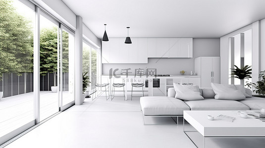 厨房背景图片_带白色装饰的现代客厅，可通过厨房进入室外露台