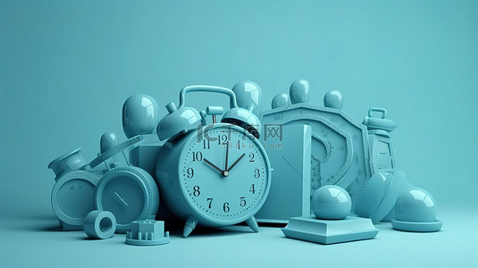 单色 3D 日历和闹钟以柔和的蓝色组织您的工作时间和安排活动