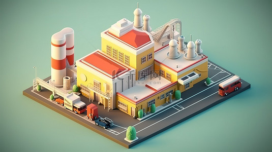 仓库风扇背景图片_极简主义白色等距工厂，具有 3D 渲染的卡通特征