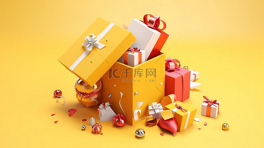 圣诞节热卖标签背景图片_3D 渲染中的插图惊喜圣诞礼品盒