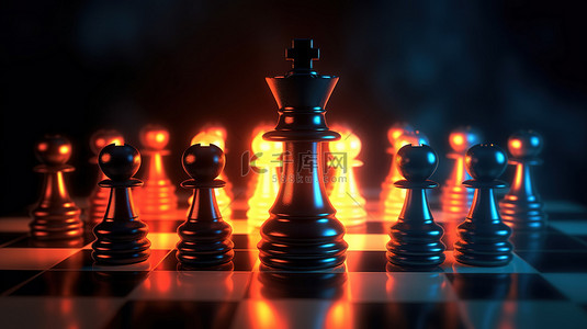 光芒四射的国际象棋国王和黑暗的棋子象征着 3D 设计的优越性
