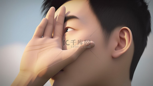 希望 3D 渲染的亚洲人用手捂着眼睛凝视远方，象征着计划和队长