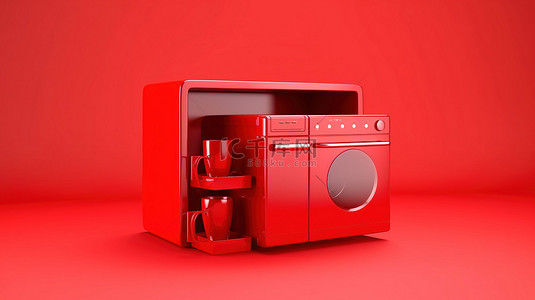 洗碗背景图片_厨房用具洗碗机烤箱和冰箱的红色背景单色3D图标