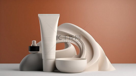茶叶包装饼茶背景图片_带有 3D 渲染护手霜包装的化妆品模型套装