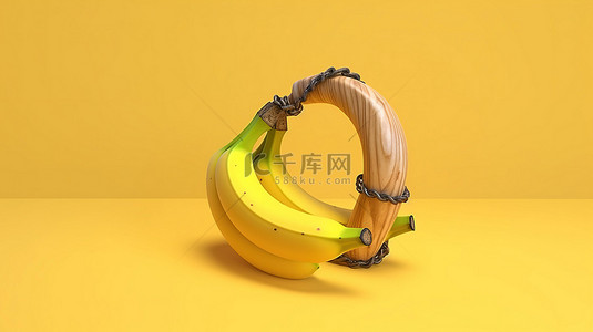 小心木制弹弓玩具与黄色香蕉在充满活力的背景 3D 插图
