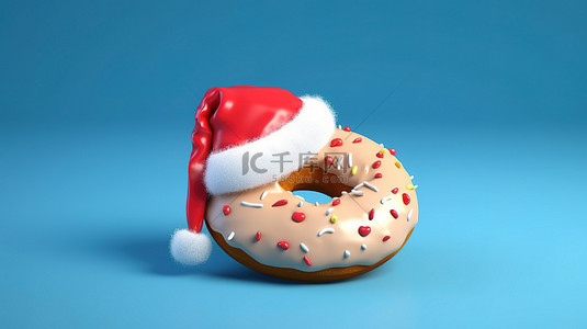 3D 渲染中带有圣诞老人帽子的圣诞主题甜甜圈