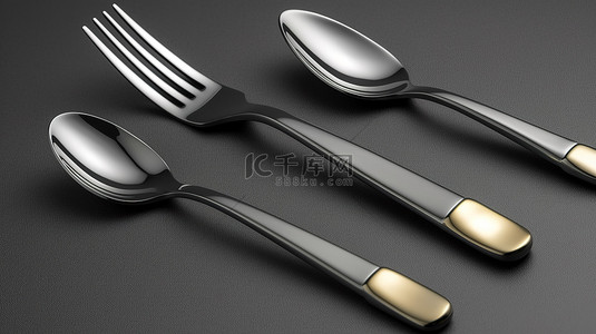 灰色背景上配有金属叉勺和刀的餐具的 3D 插图