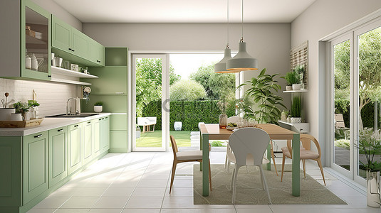 别墅室内背景图片_当代乡村别墅内部设有浅绿色厨房露台通道门和郁郁葱葱的花园 3D 渲染图像