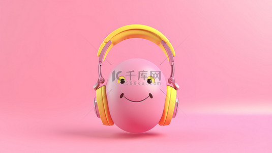 浅粉色背景下带耳机的 3D 渲染音乐表情符号