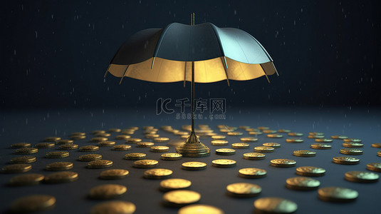 加密雨伞屏蔽波纹硬币的雨隔离3D概念渲染