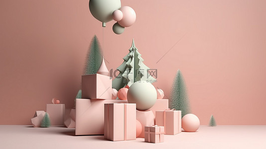 冬天背景图片_简约的 3D 圣诞装饰礼品盒和球装饰渲染的树