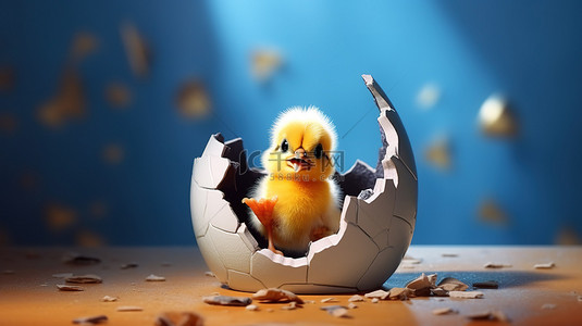 从破裂的蛋壳中孵化出来的小鸡的 3D 渲染
