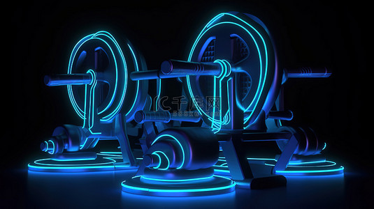 铁壶背景图片_霓虹灯点亮的铁制健身器材 3D 渲染
