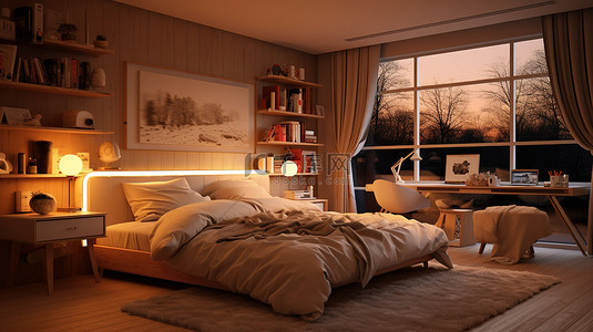 温馨舒适床背景图片_温馨舒适卧室的迷人室内 3D 模型