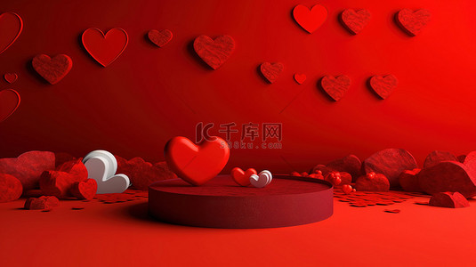 节日情人节横幅海报和贺卡 3D 渲染的装饰红色背景设计