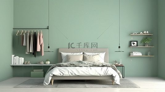 衣柜绿色背景图片_斯堪的纳维亚风格的最小卧室室内模型，配有灰色床和绿色墙壁背景，配有步入式衣柜 3D 渲染