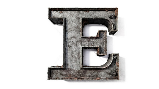 3D 渲染的枪金属字体中的大写字母 e，具有粗糙的纹理背景