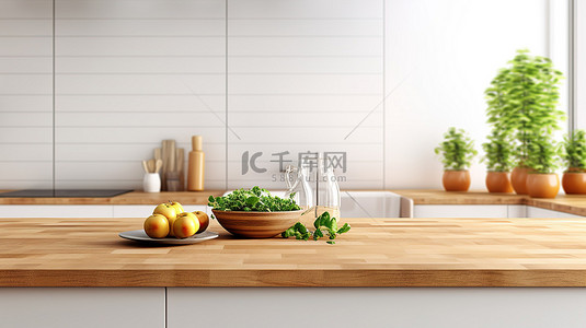 模糊的食物背景图片_宽敞的现代厨房，配有木质台面和充足的复制空间 3D 渲染
