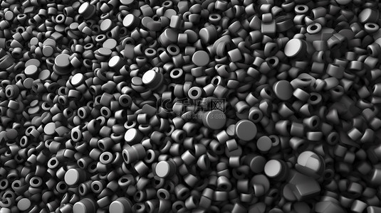 黑色珠子和灰色塑料颗粒的顶视图树脂聚合物托盘的 3D 插图