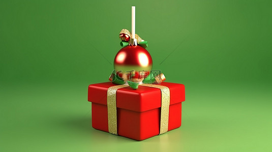 红色礼物盒背景背景图片_节日圣诞蛋糕的 3D 插图在红色礼品盒中弹出，绿色背景上有金铃