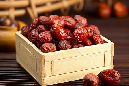 银耳红枣汤背景图片_木桌上的木箱里的红枣