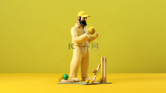 团队背景图片_巴基斯坦板球队的球员在 3D 插图中与充满活力的黄色背景上的比赛装备