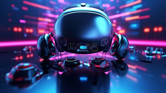 现代 VR 耳机和操纵杆在光滑桌子上的 3D 渲染，说明了元宇宙和虚拟现实概念