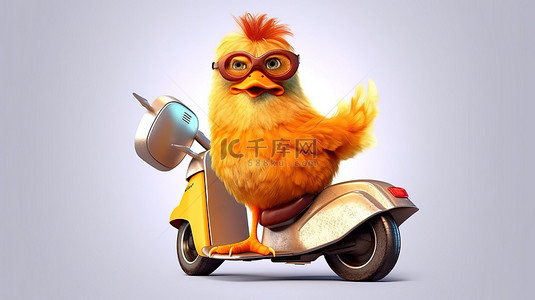 摩托车背景图片_滑稽的 3D 鸡在带有标志的踏板车上巡航
