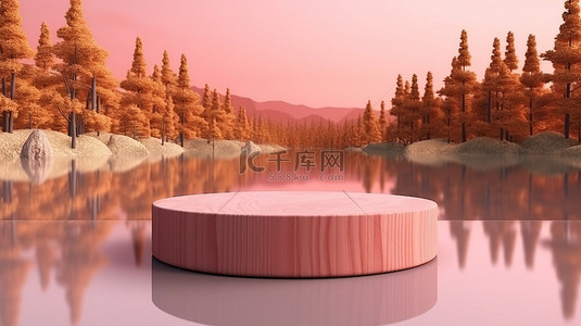 风景背景板背景图片_木质基座周围环绕着湖泊和粉红色森林，夏季背景为粉红色草 3D 渲染