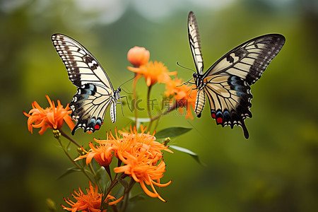 两只黑白蝴蝶盘旋在色彩缤纷的花朵上方