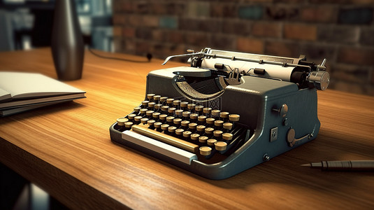 老式打字机与现代笔记本电脑在质朴的木桌上相遇 3D 插图