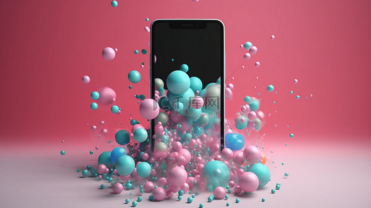 手机模板模板下载背景图片_流行艺术风格的智能手机 3d 渲染模型，空白屏幕周围环绕着粉红色和蓝色的光滑气泡，用于技术和社交网络概念