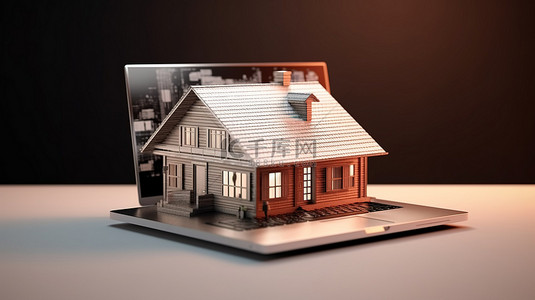 家园绿色背景图片_从笔记本电脑中出现的房屋项目的数字梦想家园 3D 渲染