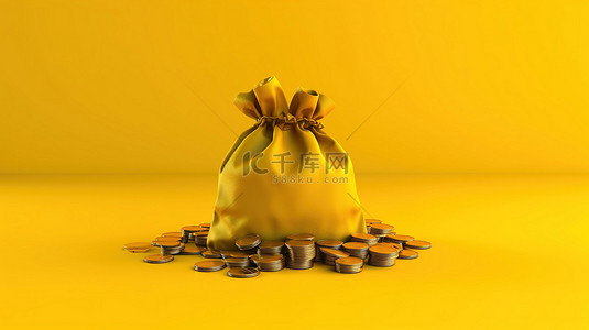 黄色背景的三维渲染与现金硬币和钱袋