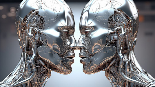 男性和女性机器人在 3D 渲染中分享亲吻