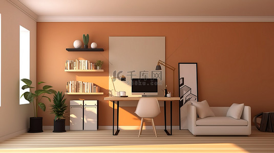 家具背景图片_现代工作空间 3D 渲染家庭办公室，配有笔记本电脑和充足的创造力空间